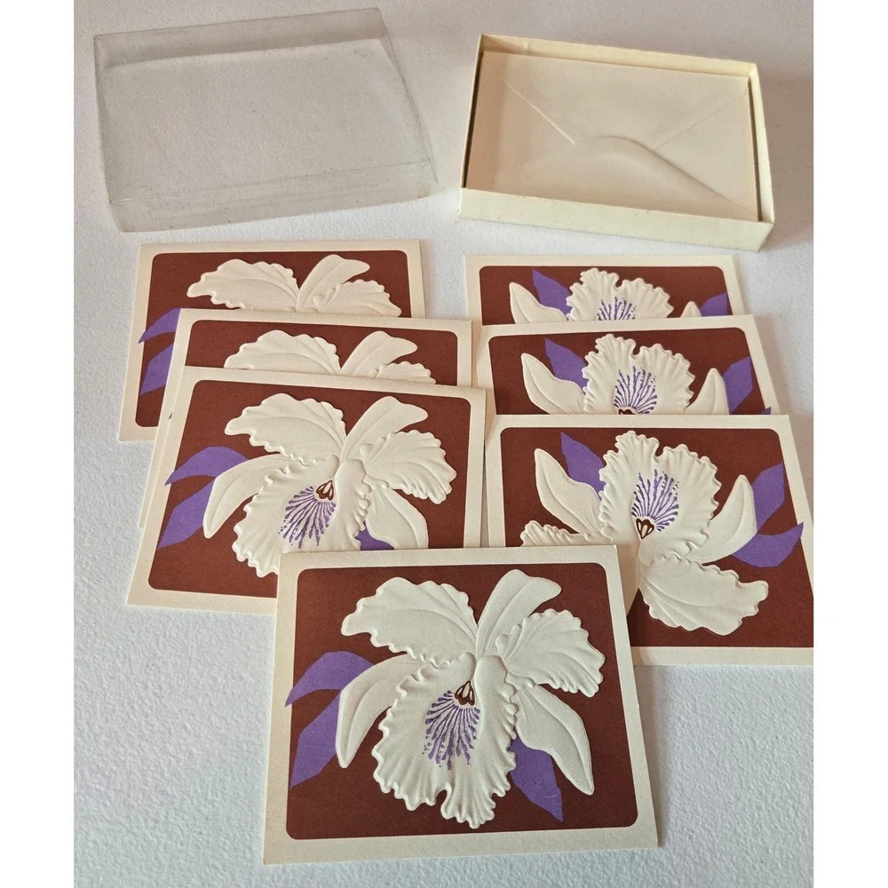 Vintage 1983 Current Sculptured Orchid Notes Embossed Cards Boxed Set 7